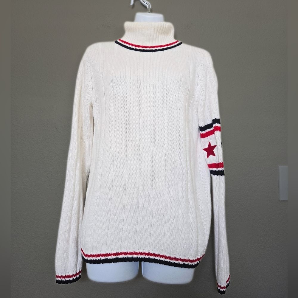 Vintage 90s Knit White Stars Turtleneck Patriotic Sweater Size Medium Americana